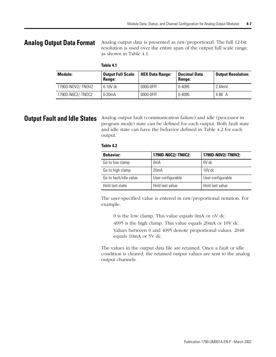 Analog output data format, Output fault and idle states | Rockwell Automation 1790D-NOV2/TNOV2 CompactBlock LDX Analog Modules User Manual | Page 51 / 104