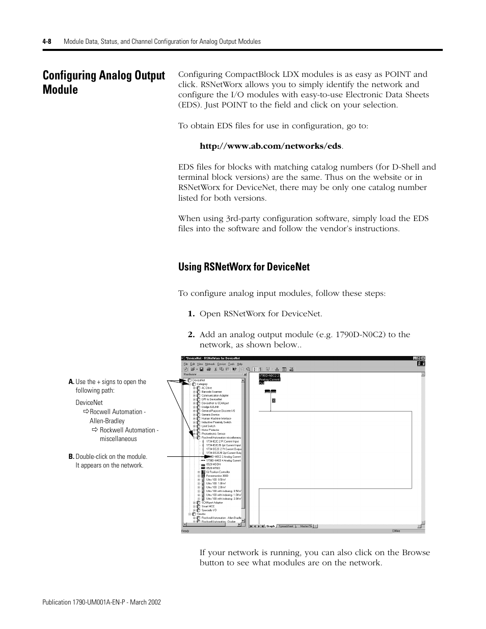 Configuring analog output module, Configuring analog output module -8, Using rsnetworx for devicenet -8 | Using rsnetworx for devicenet | Rockwell Automation 1790D-NOV2/TNOV2 CompactBlock LDX Analog Modules User Manual | Page 52 / 104