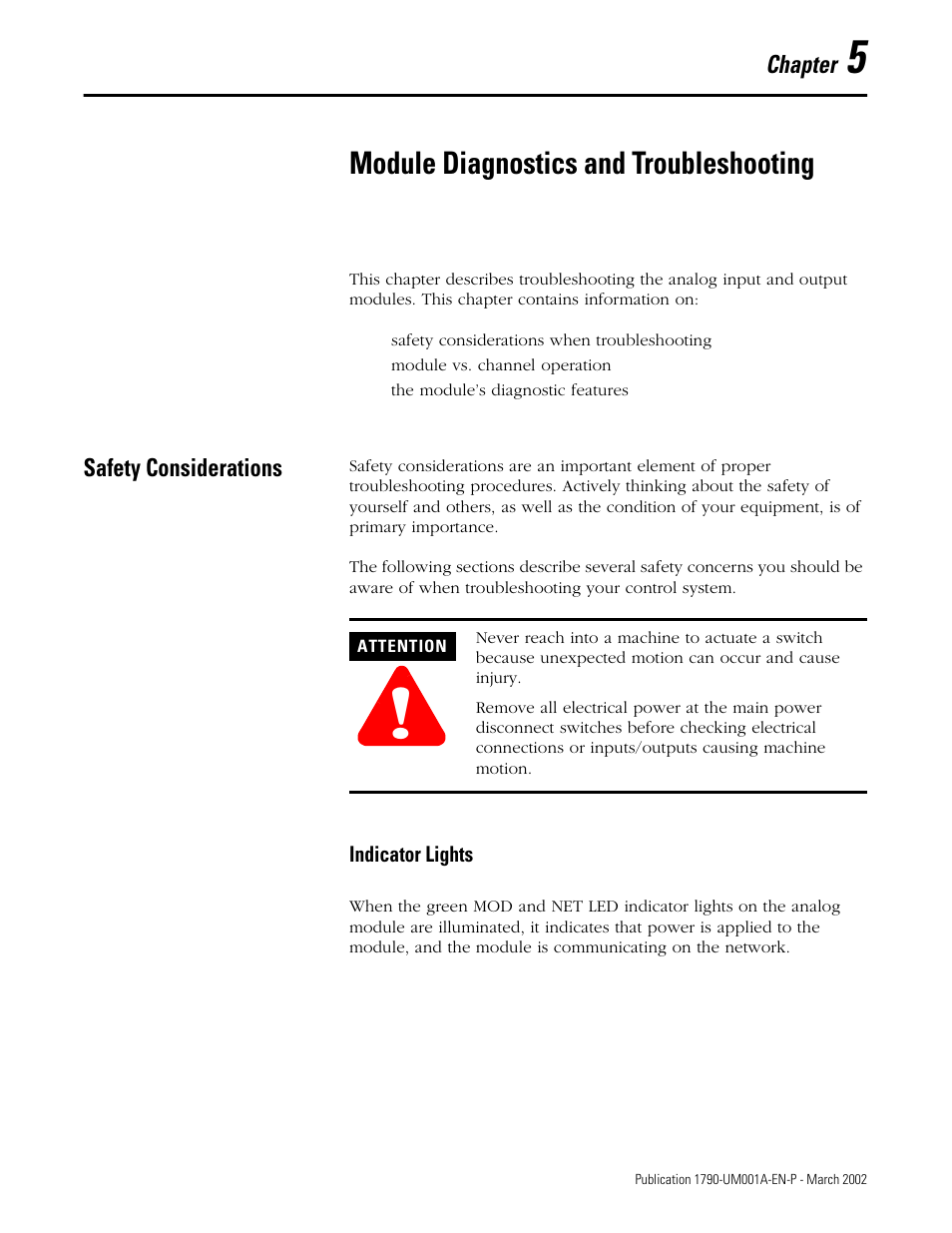 5 - module diagnostics and troubleshooting, Safety considerations, Chapter 5 | Module diagnostics and troubleshooting, Safety considerations -1, Indicator lights -1 | Rockwell Automation 1790D-NOV2/TNOV2 CompactBlock LDX Analog Modules User Manual | Page 55 / 104