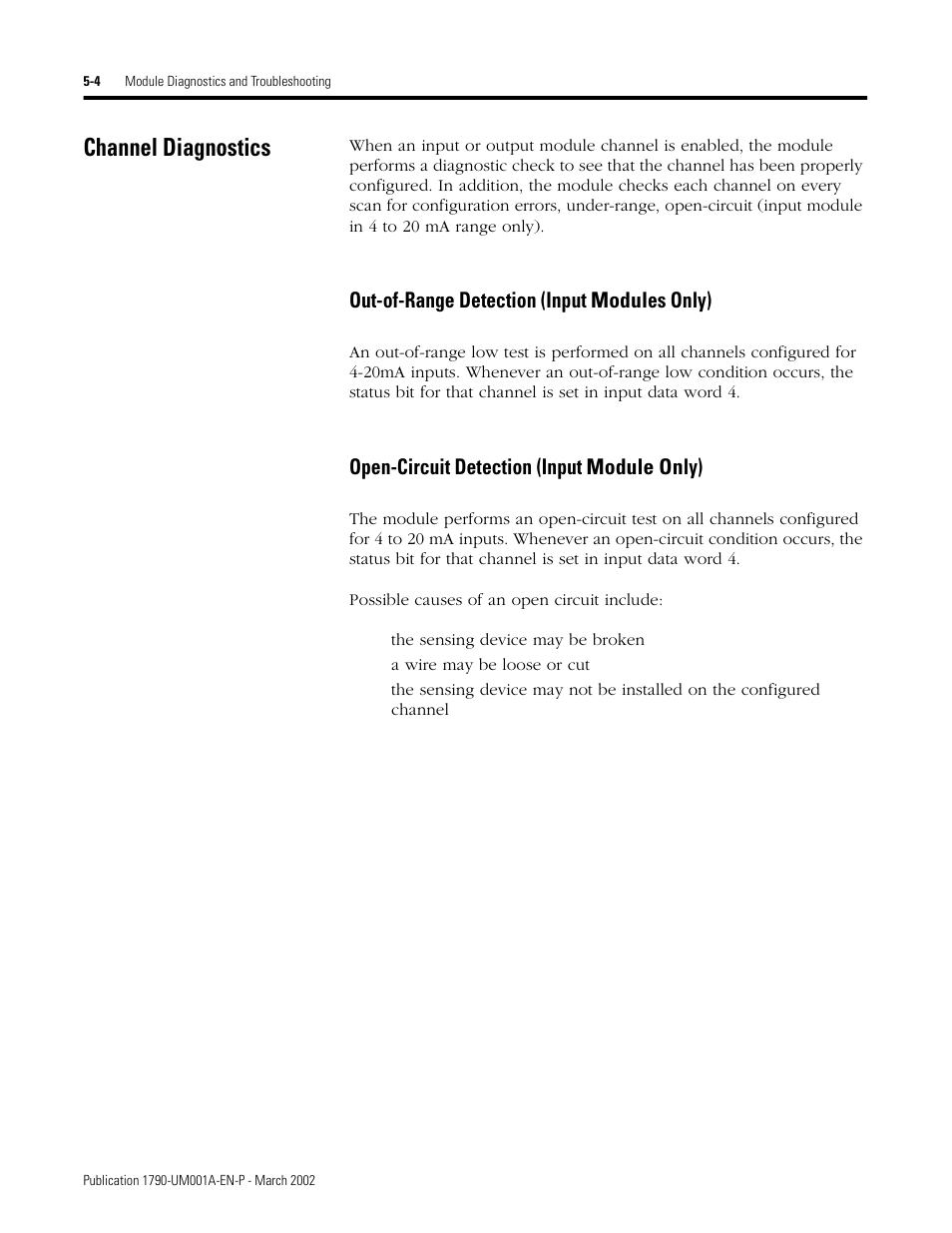 Channel diagnostics, Channel diagnostics -4, Out-of-range detection (input modules only) | Open-circuit detection (input module only) | Rockwell Automation 1790D-NOV2/TNOV2 CompactBlock LDX Analog Modules User Manual | Page 58 / 104