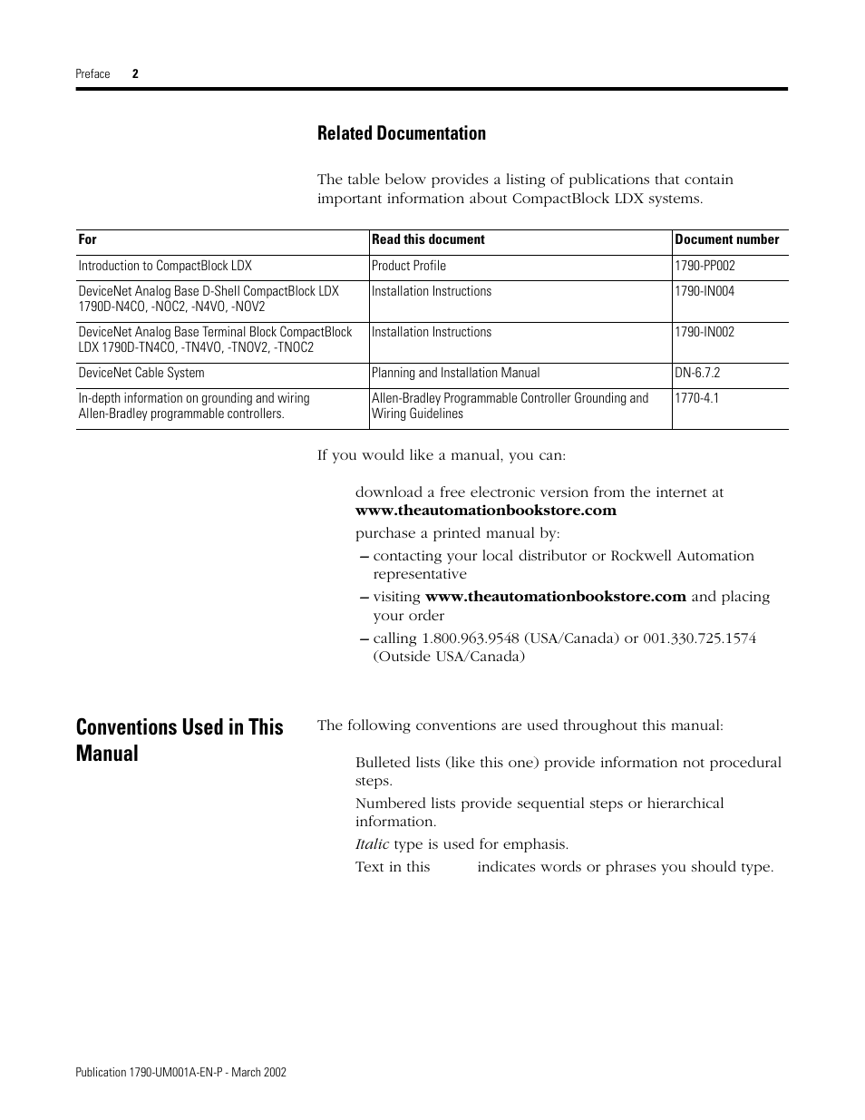 Conventions used in this manual, Related documentation | Rockwell Automation 1790D-NOV2/TNOV2 CompactBlock LDX Analog Modules User Manual | Page 6 / 104