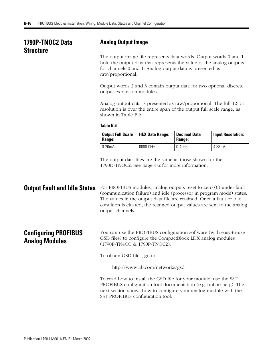 1790p-tnoc2 data structure, Output fault and idle states, Configuring profibus analog modules | Analog output image | Rockwell Automation 1790D-NOV2/TNOV2 CompactBlock LDX Analog Modules User Manual | Page 84 / 104