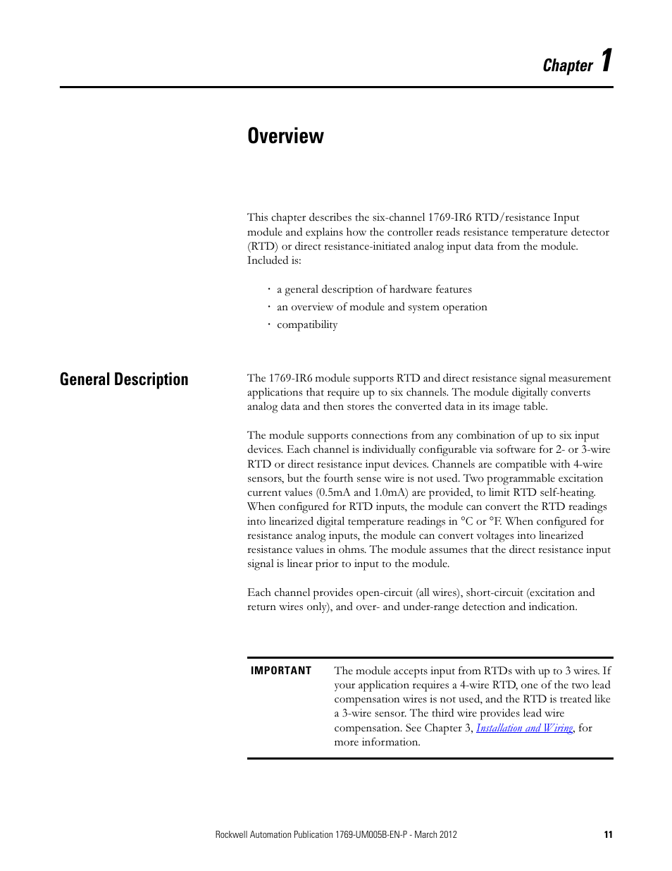Overview, General description, Chapter 1 | Chapter | Rockwell Automation 1769-IR6 Compact I/O 1769-IR6 RTD/Resistance Input Module User Manual | Page 11 / 120