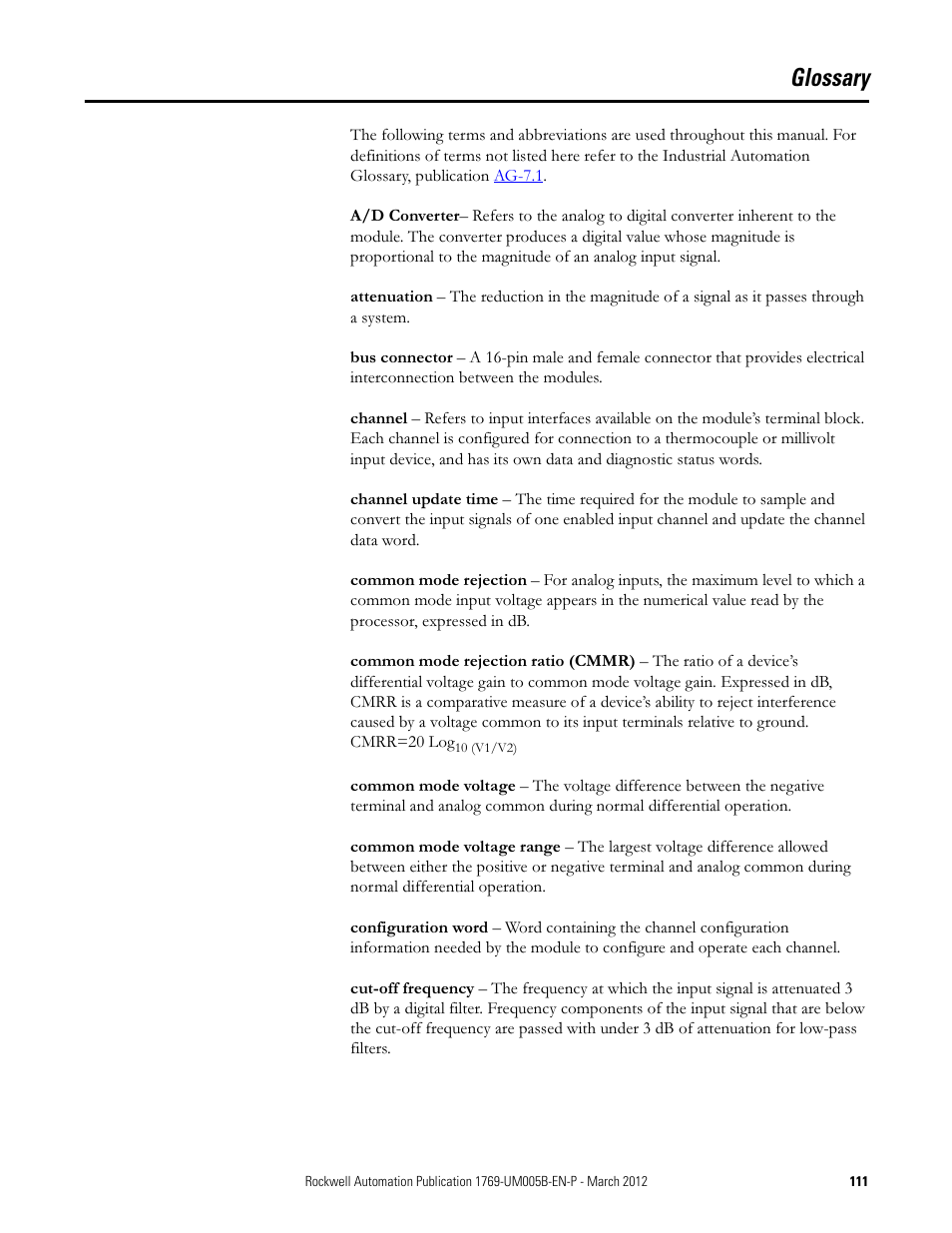 Glossary | Rockwell Automation 1769-IR6 Compact I/O 1769-IR6 RTD/Resistance Input Module User Manual | Page 111 / 120