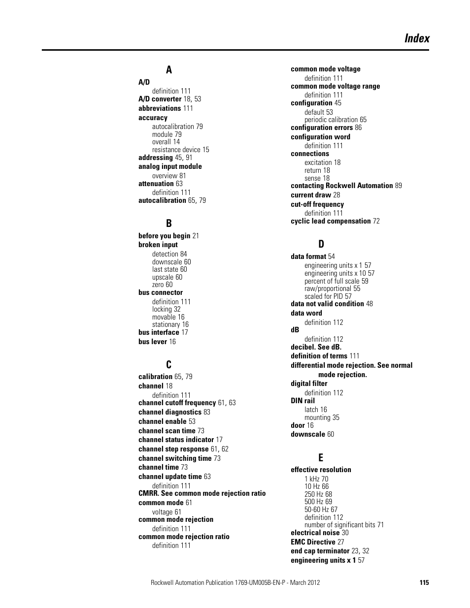Index | Rockwell Automation 1769-IR6 Compact I/O 1769-IR6 RTD/Resistance Input Module User Manual | Page 115 / 120
