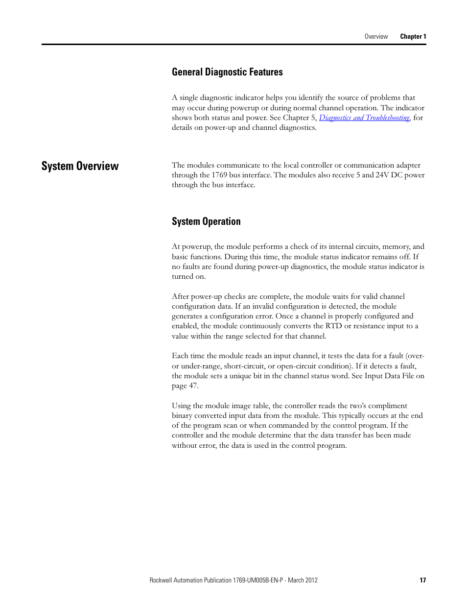 General diagnostic features, System overview, System operation | General diagnostic f | Rockwell Automation 1769-IR6 Compact I/O 1769-IR6 RTD/Resistance Input Module User Manual | Page 17 / 120