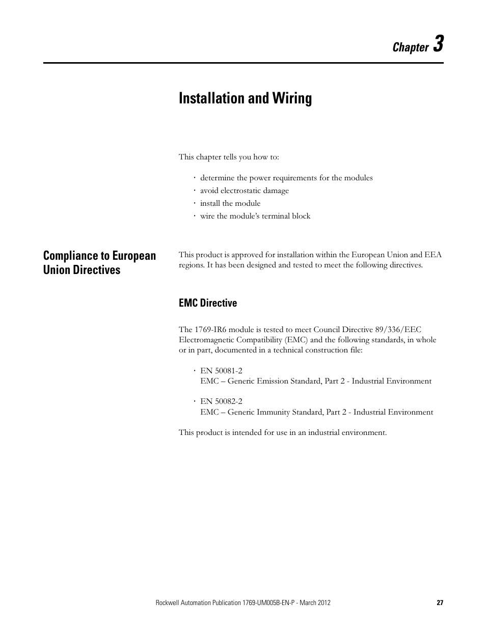Installation and wiring, Compliance to european union directives, Emc directive | Chapter 3, Chapter | Rockwell Automation 1769-IR6 Compact I/O 1769-IR6 RTD/Resistance Input Module User Manual | Page 27 / 120