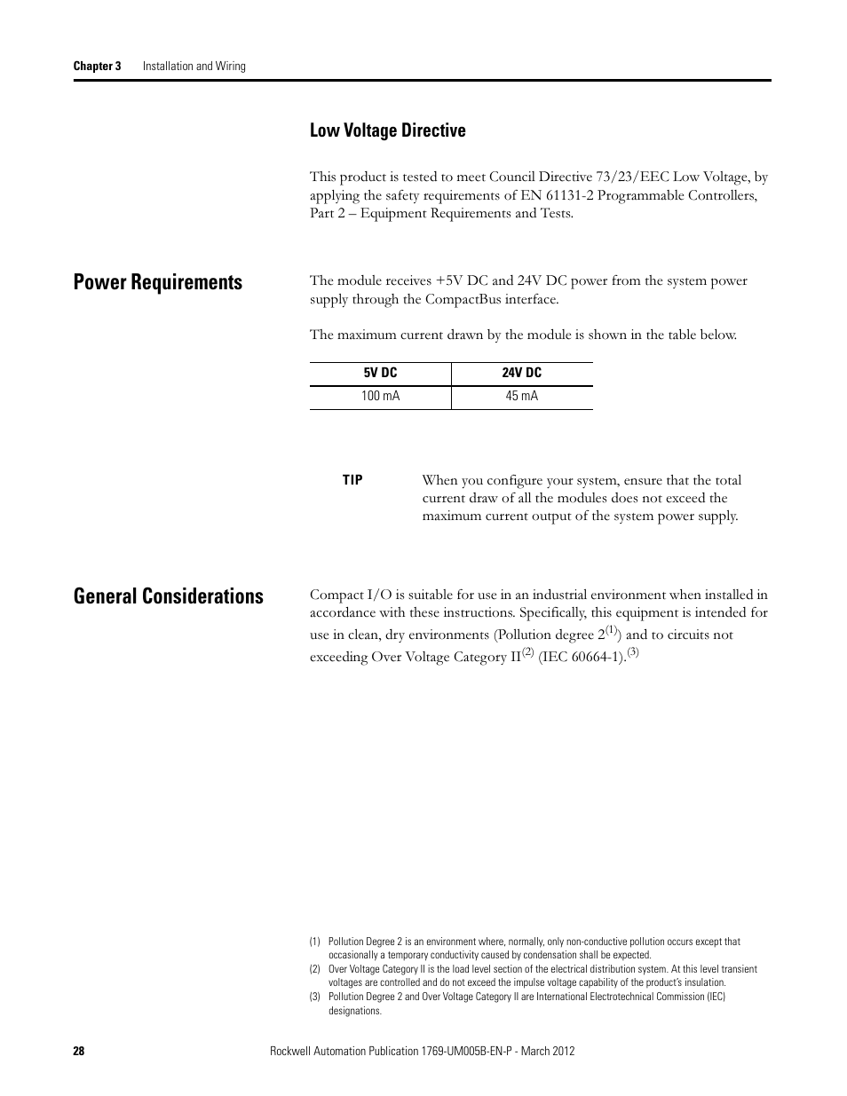 Low voltage directive, Power requirements, General considerations | Power requirements general considerations | Rockwell Automation 1769-IR6 Compact I/O 1769-IR6 RTD/Resistance Input Module User Manual | Page 28 / 120