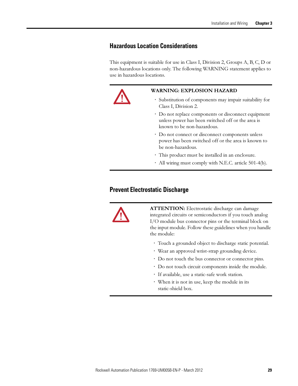 Hazardous location considerations, Prevent electrostatic discharge | Rockwell Automation 1769-IR6 Compact I/O 1769-IR6 RTD/Resistance Input Module User Manual | Page 29 / 120