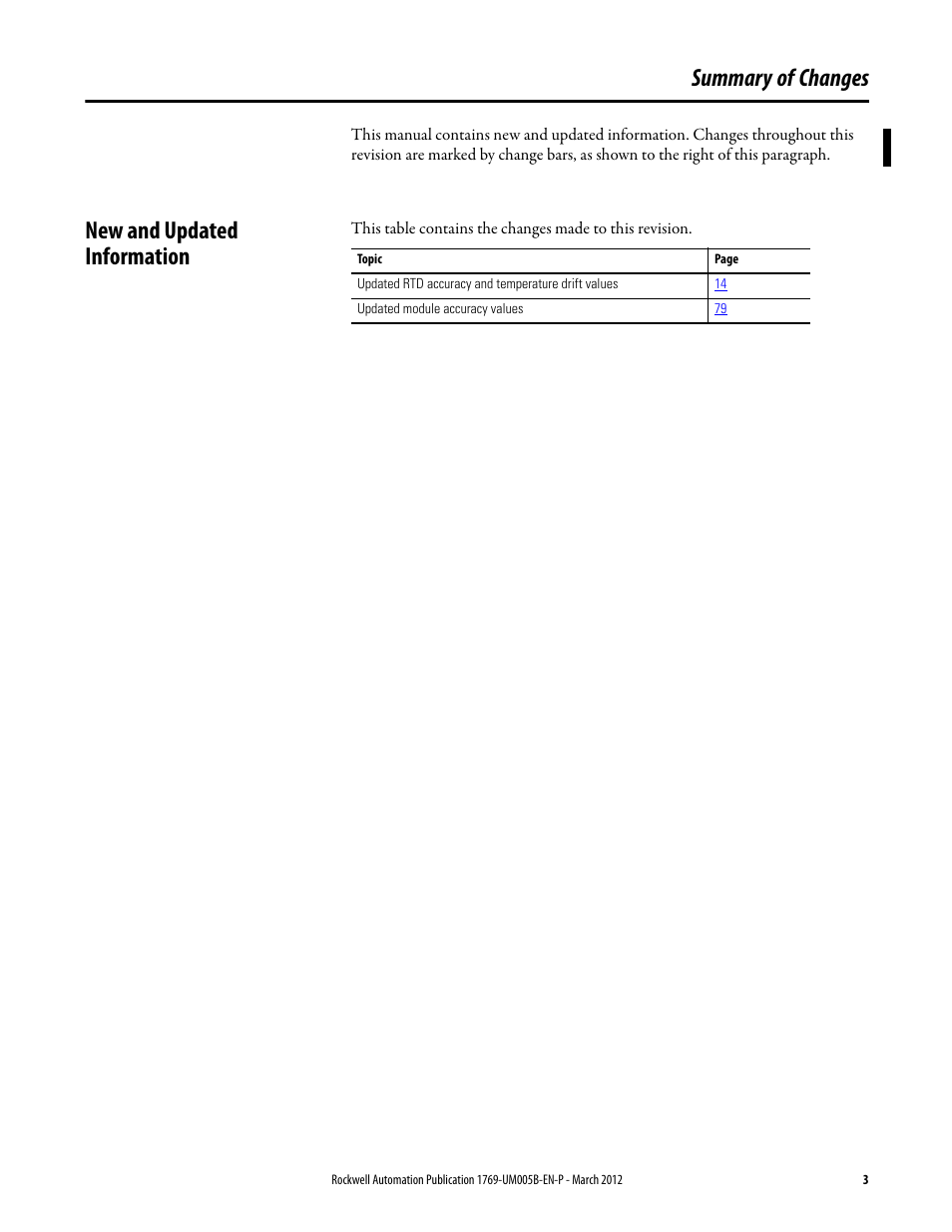Summary of changes, New and updated information | Rockwell Automation 1769-IR6 Compact I/O 1769-IR6 RTD/Resistance Input Module User Manual | Page 3 / 120