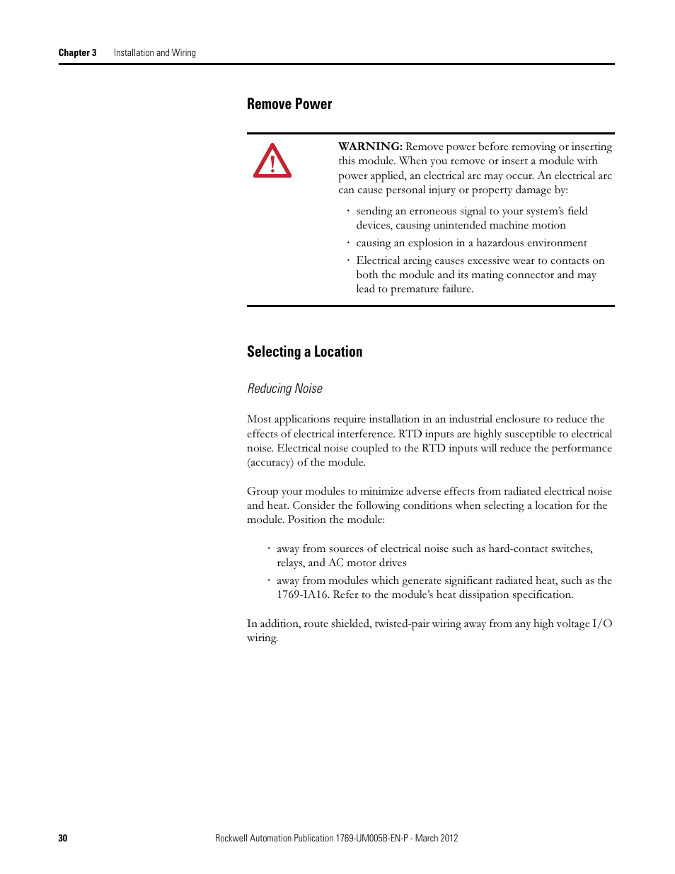 Remove power, Selecting a location, Remove power selecting a location | Rockwell Automation 1769-IR6 Compact I/O 1769-IR6 RTD/Resistance Input Module User Manual | Page 30 / 120