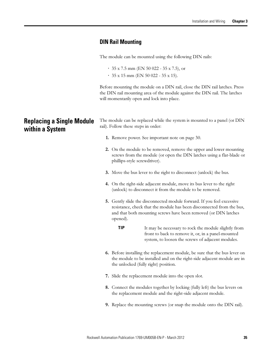 Din rail mounting, Replacing a single module within a system | Rockwell Automation 1769-IR6 Compact I/O 1769-IR6 RTD/Resistance Input Module User Manual | Page 35 / 120