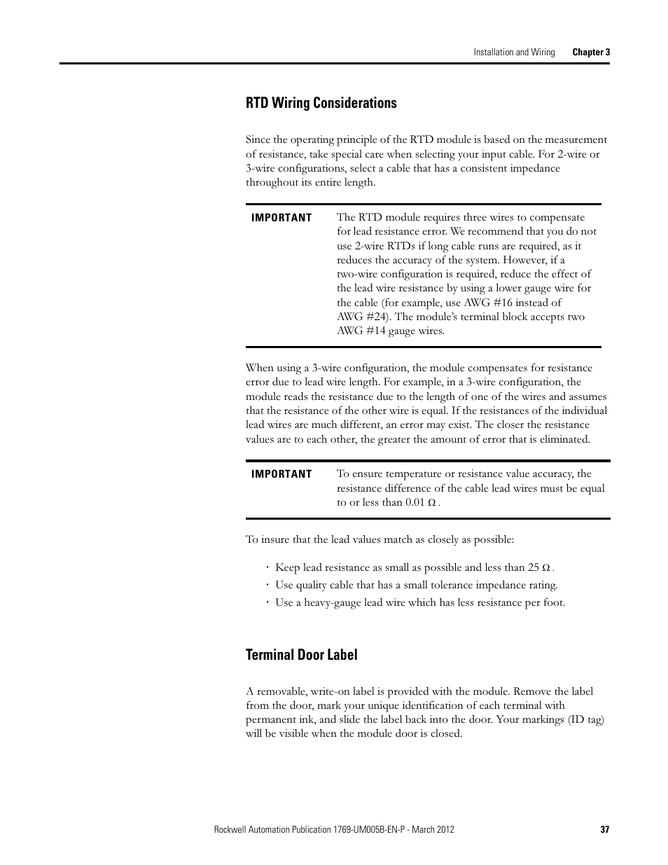 Rtd wiring considerations, Terminal door label, Rtd wiring considerations terminal door label | Rockwell Automation 1769-IR6 Compact I/O 1769-IR6 RTD/Resistance Input Module User Manual | Page 37 / 120