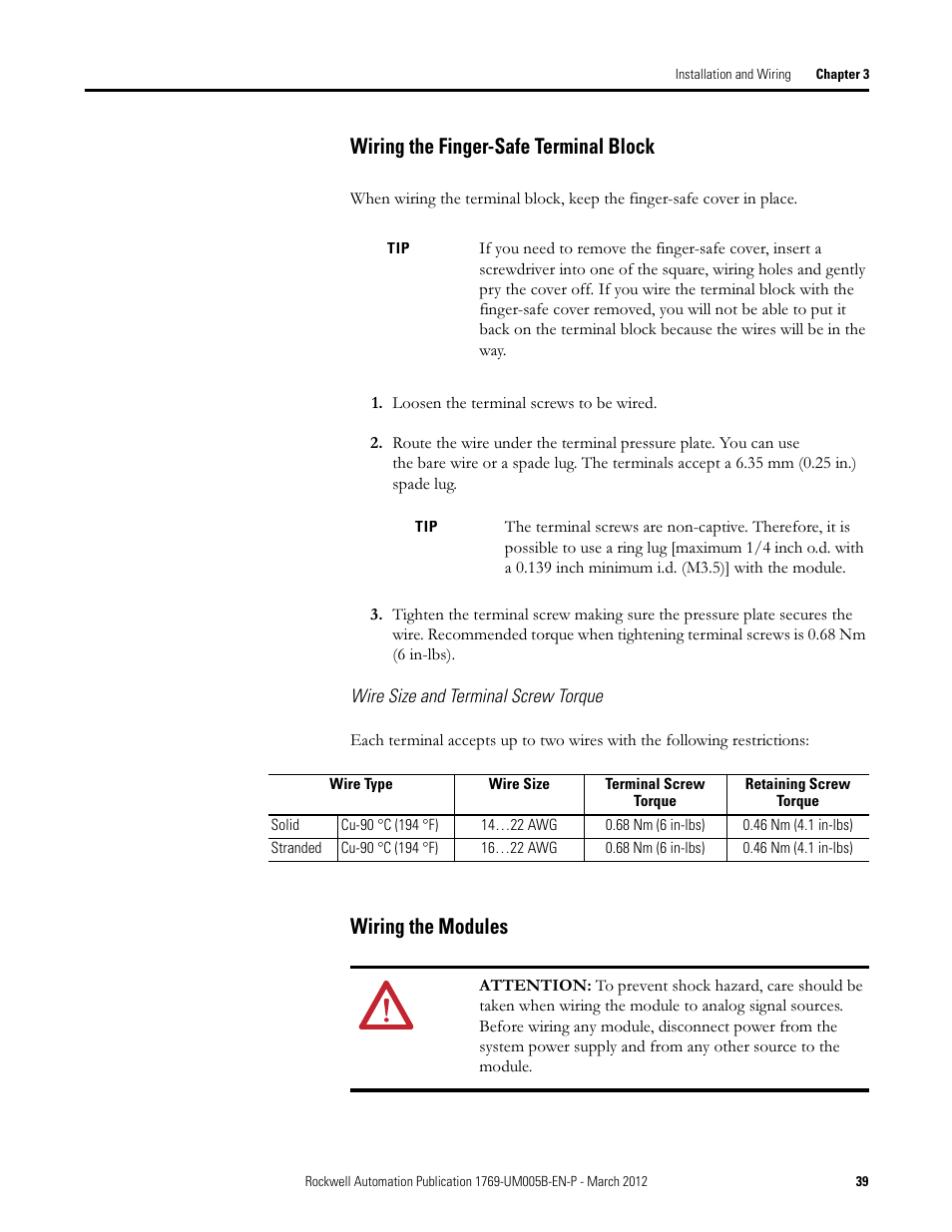 Wiring the finger-safe terminal block, Wiring the modules | Rockwell Automation 1769-IR6 Compact I/O 1769-IR6 RTD/Resistance Input Module User Manual | Page 39 / 120