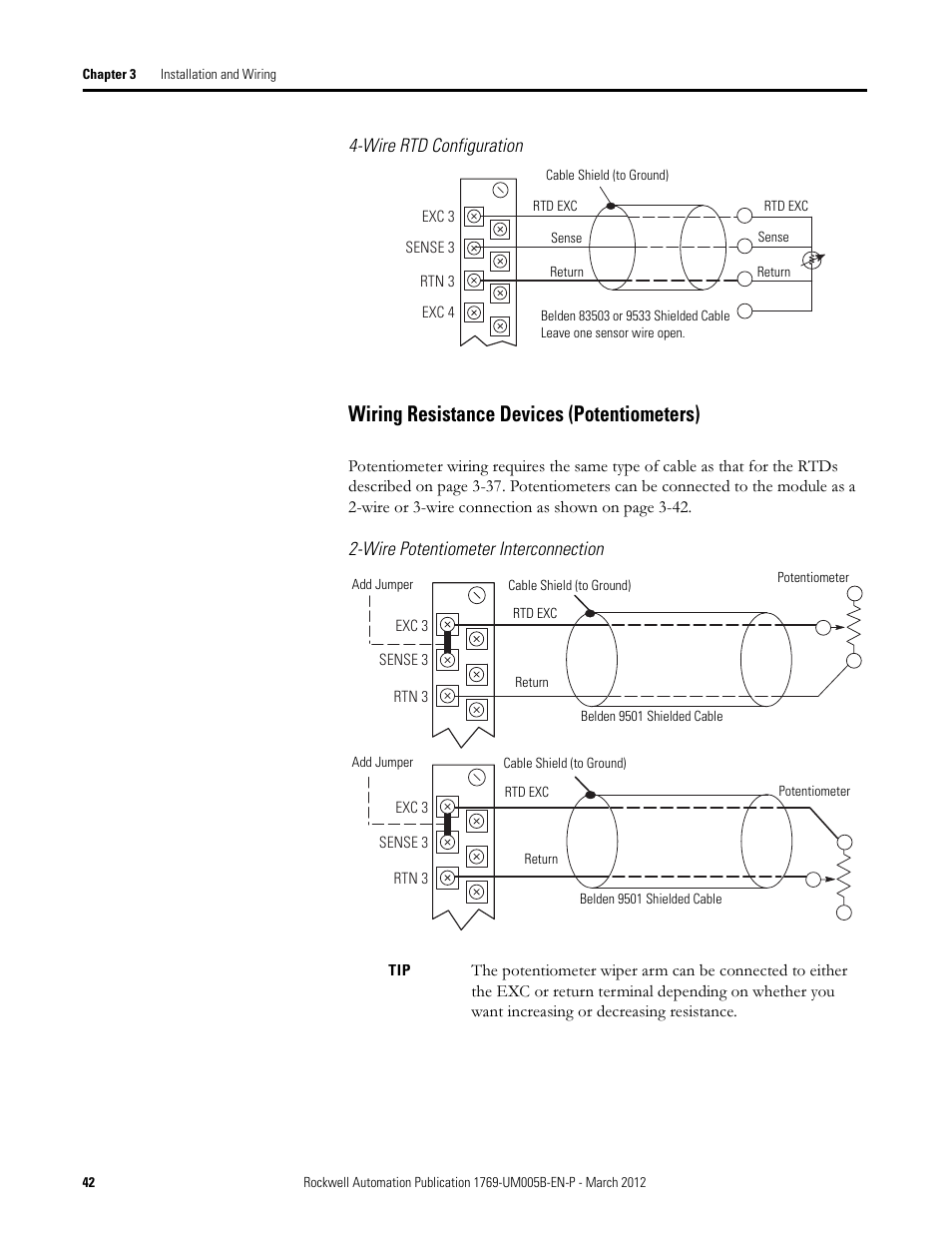 Wiring resistance devices (potentiometers) | Rockwell Automation 1769-IR6 Compact I/O 1769-IR6 RTD/Resistance Input Module User Manual | Page 42 / 120