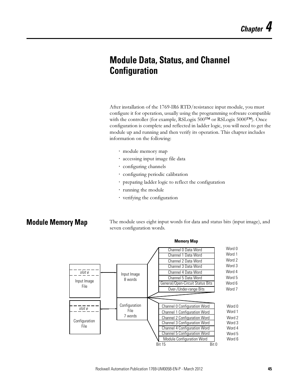 Module data, status, and channel configuration, Module memory map, Chapter 4 | Chapter | Rockwell Automation 1769-IR6 Compact I/O 1769-IR6 RTD/Resistance Input Module User Manual | Page 45 / 120