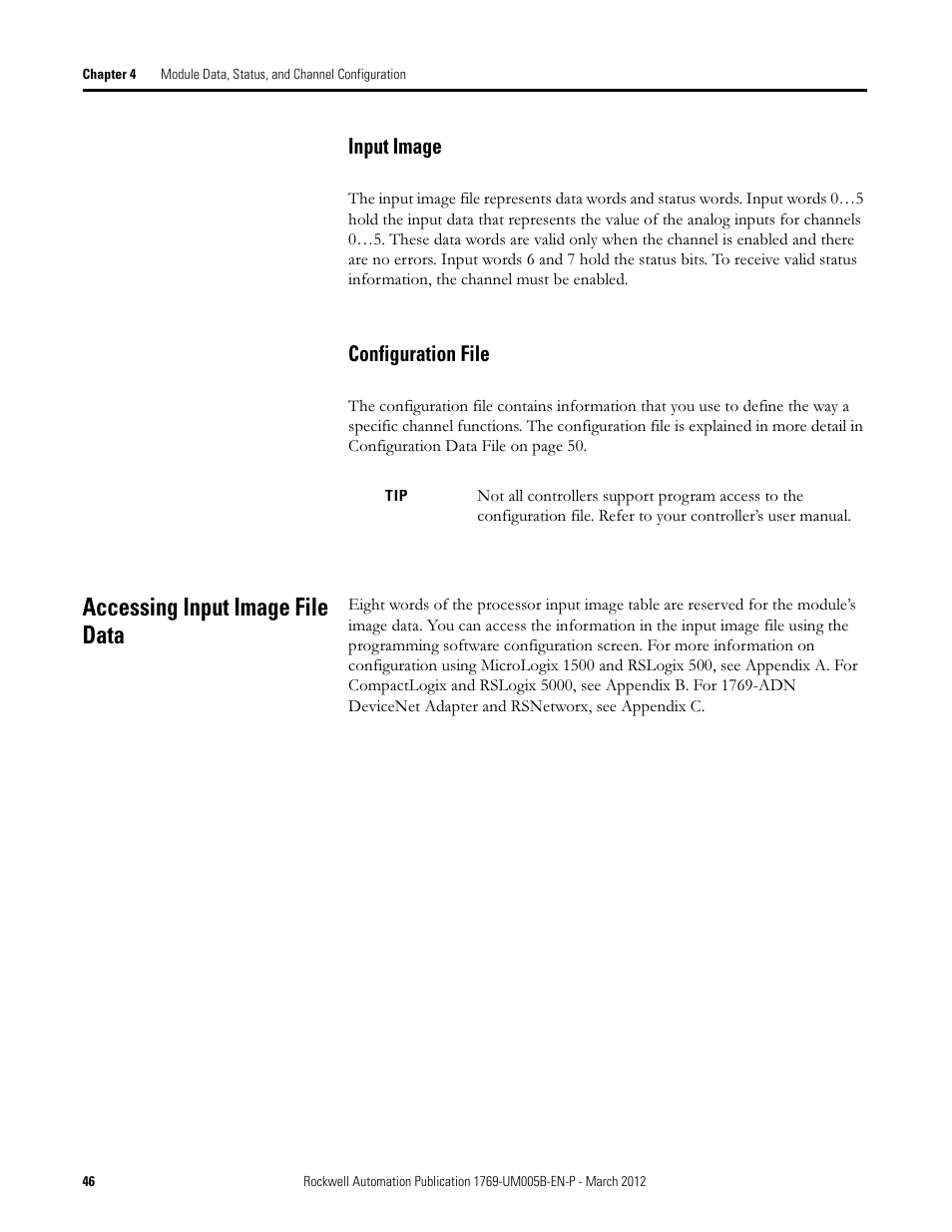 Input image, Configuration file, Accessing input image file data | Input image configuration file | Rockwell Automation 1769-IR6 Compact I/O 1769-IR6 RTD/Resistance Input Module User Manual | Page 46 / 120