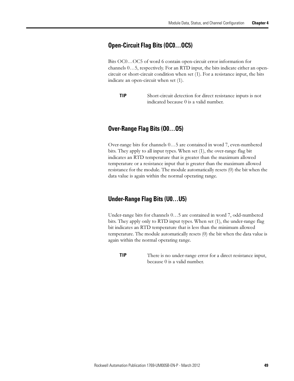 Open-circuit flag bits (oc0…oc5), Over-range flag bits (o0…o5), Under-range flag bits (u0…u5) | Rockwell Automation 1769-IR6 Compact I/O 1769-IR6 RTD/Resistance Input Module User Manual | Page 49 / 120