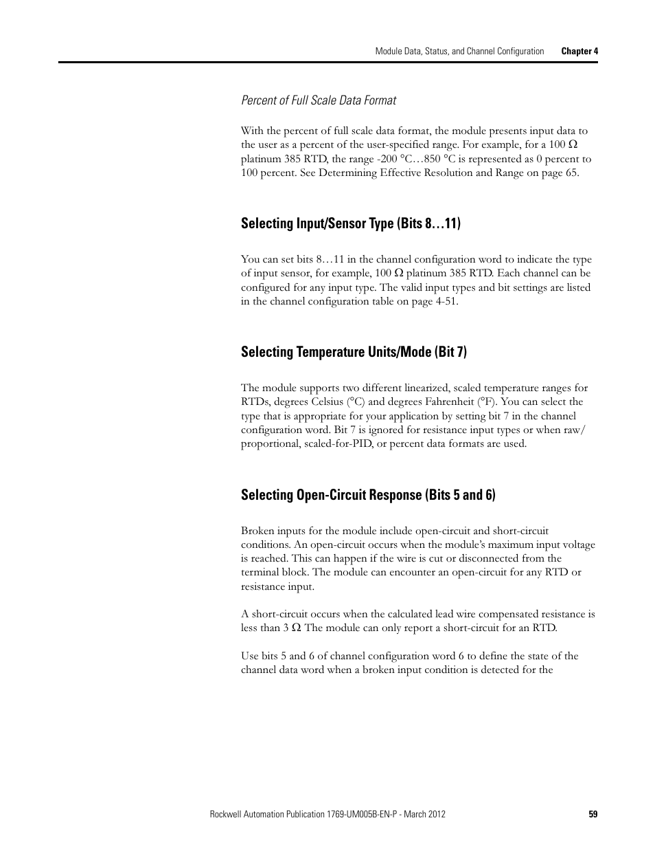 Selecting input/sensor type (bits 8…11), Selecting temperature units/mode (bit 7), Selecting open-circuit response (bits 5 and 6) | Rockwell Automation 1769-IR6 Compact I/O 1769-IR6 RTD/Resistance Input Module User Manual | Page 59 / 120