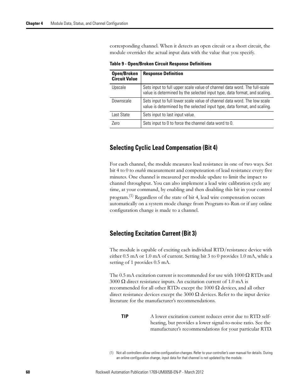 Selecting cyclic lead compensation (bit 4), Selecting excitation current (bit 3), Selecting cyclic lead | Rockwell Automation 1769-IR6 Compact I/O 1769-IR6 RTD/Resistance Input Module User Manual | Page 60 / 120