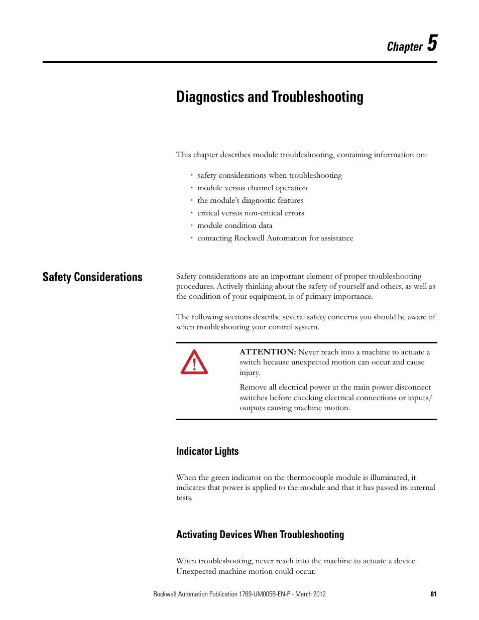 Diagnostics and troubleshooting, Safety considerations, Indicator lights | Activating devices when troubleshooting, Chapter 5, E chapter 5, Chapter | Rockwell Automation 1769-IR6 Compact I/O 1769-IR6 RTD/Resistance Input Module User Manual | Page 81 / 120