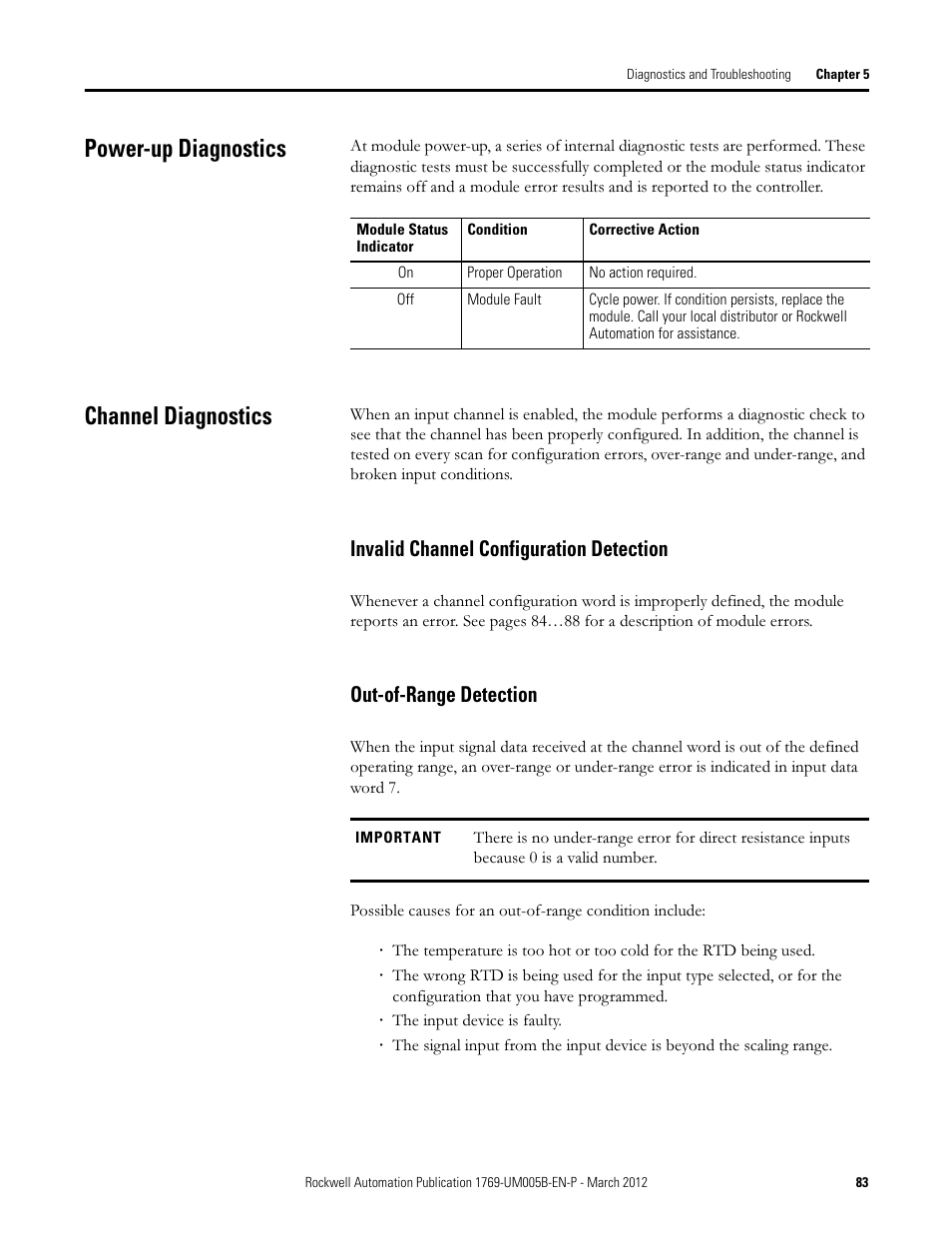 Power-up diagnostics, Channel diagnostics, Invalid channel configuration detection | Out-of-range detection, Power-up diagnostics channel diagnostics | Rockwell Automation 1769-IR6 Compact I/O 1769-IR6 RTD/Resistance Input Module User Manual | Page 83 / 120