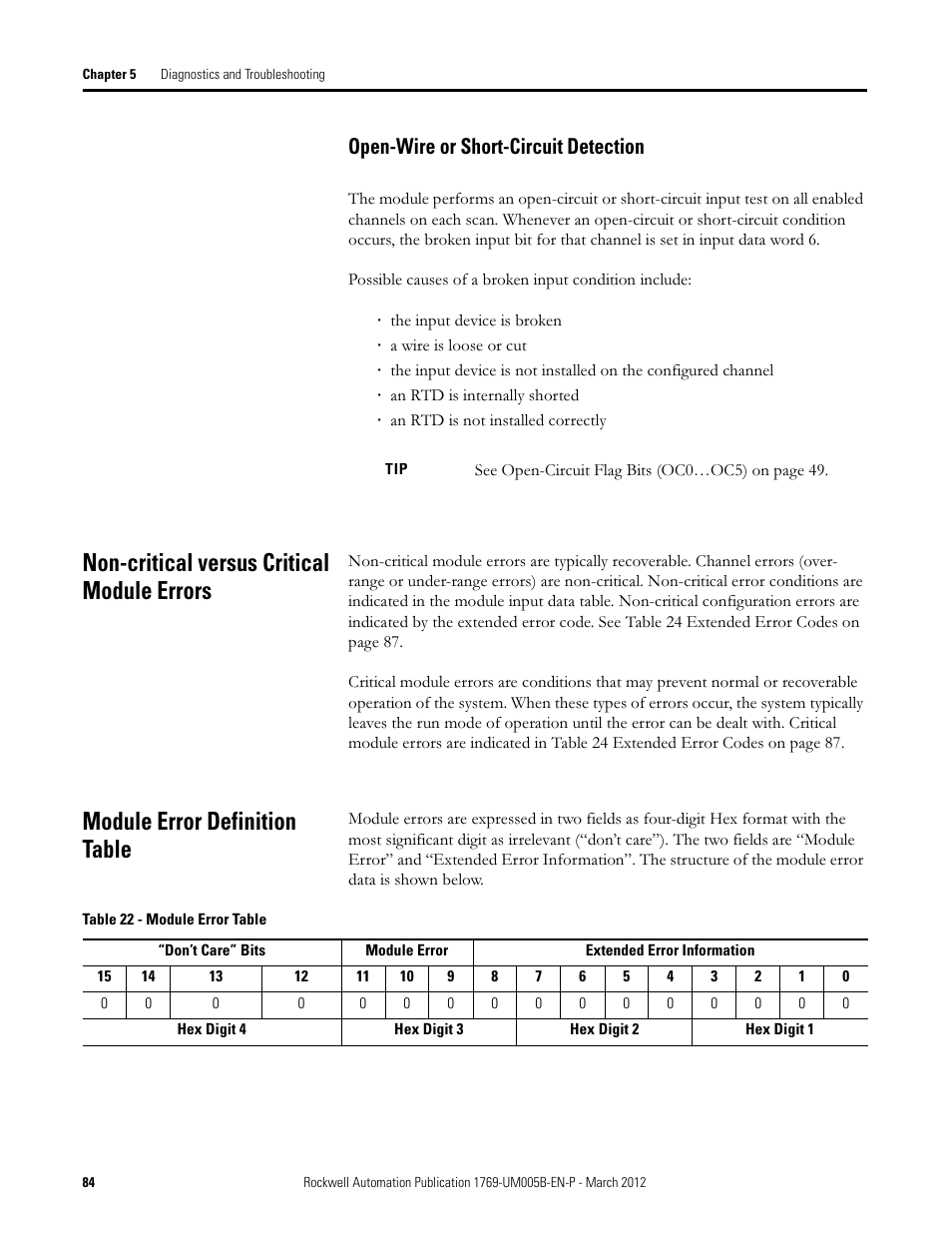 Open-wire or short-circuit detection, Non-critical versus critical module errors, Module error definition table | Rockwell Automation 1769-IR6 Compact I/O 1769-IR6 RTD/Resistance Input Module User Manual | Page 84 / 120