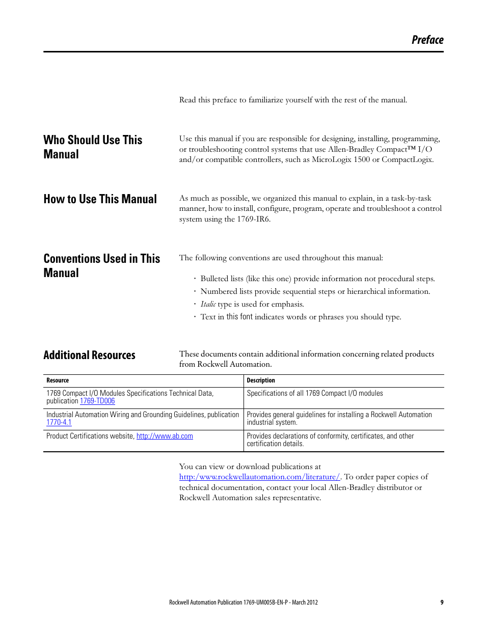 Preface, Who should use this manual, How to use this manual | Conventions used in this manual, Additional resources | Rockwell Automation 1769-IR6 Compact I/O 1769-IR6 RTD/Resistance Input Module User Manual | Page 9 / 120