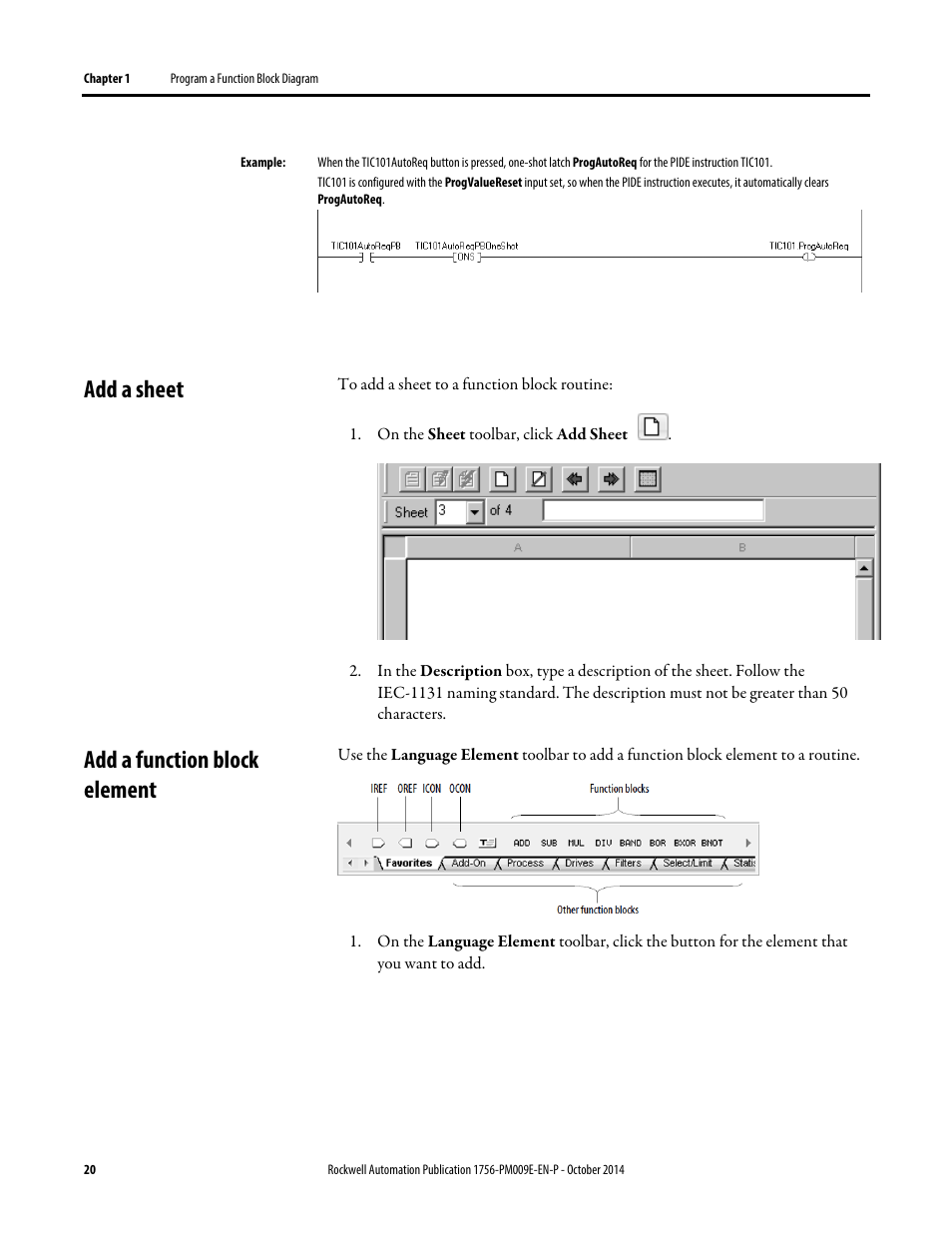 Add a sheet, Add a function block element, Add a sheet add a function block element | Rockwell Automation Logix5000 Controllers Function Block Diagram Programming Manual User Manual | Page 20 / 33