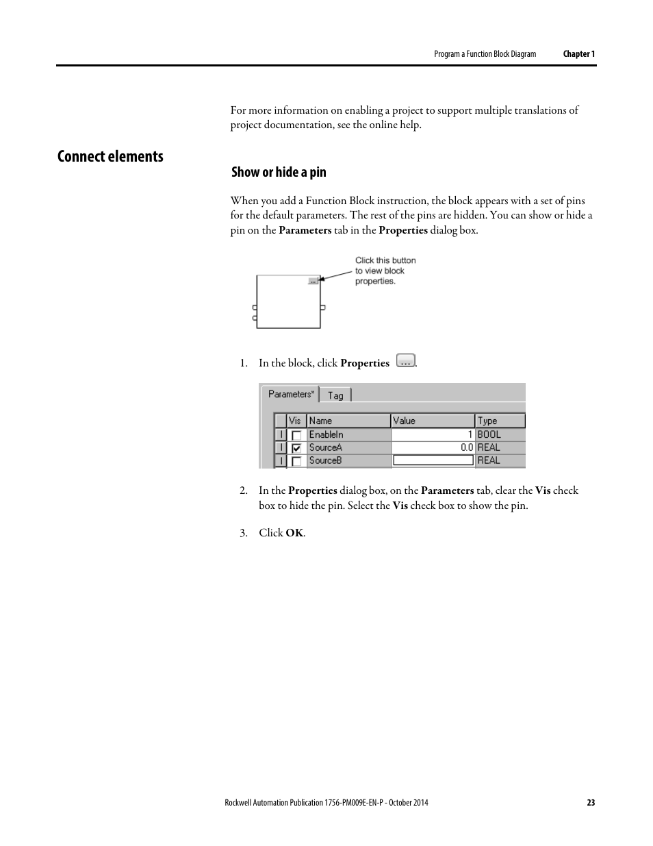 Connect elements, Show or hide a pin | Rockwell Automation Logix5000 Controllers Function Block Diagram Programming Manual User Manual | Page 23 / 33