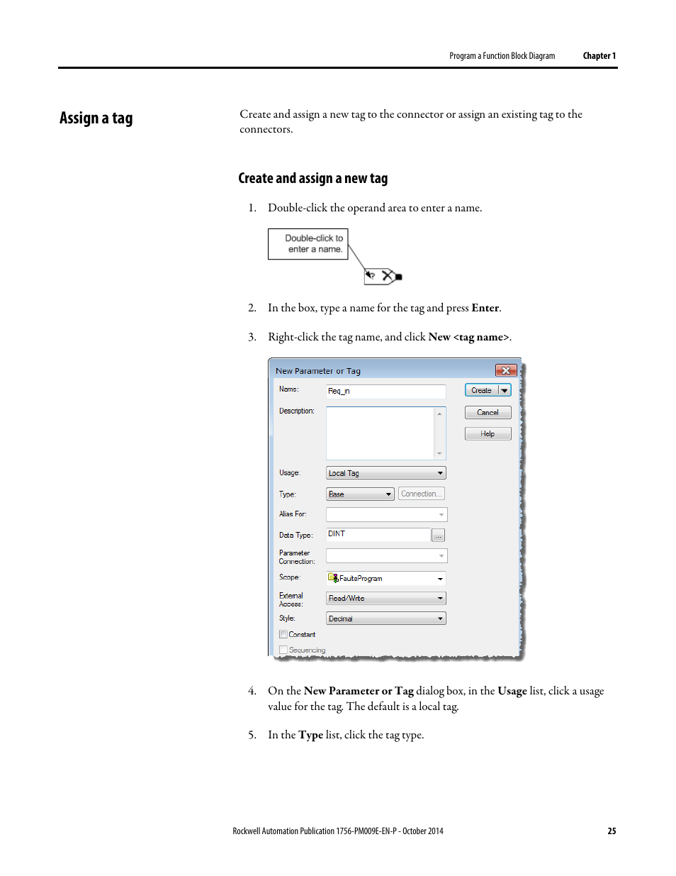 Assign a tag, Create and assign a new tag | Rockwell Automation Logix5000 Controllers Function Block Diagram Programming Manual User Manual | Page 25 / 33