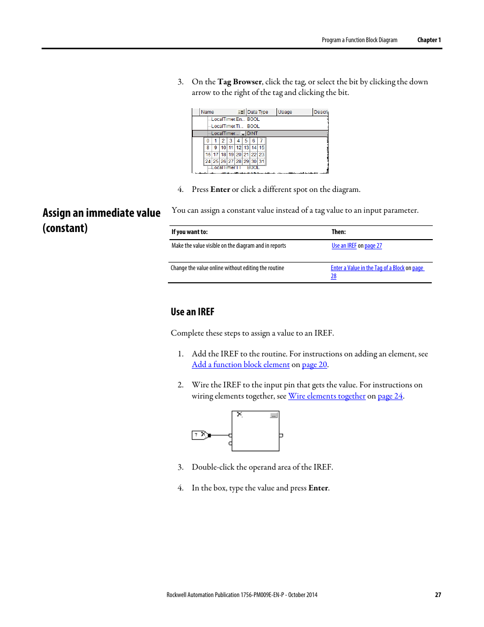 Assign an immediate value (constant), Use an iref | Rockwell Automation Logix5000 Controllers Function Block Diagram Programming Manual User Manual | Page 27 / 33
