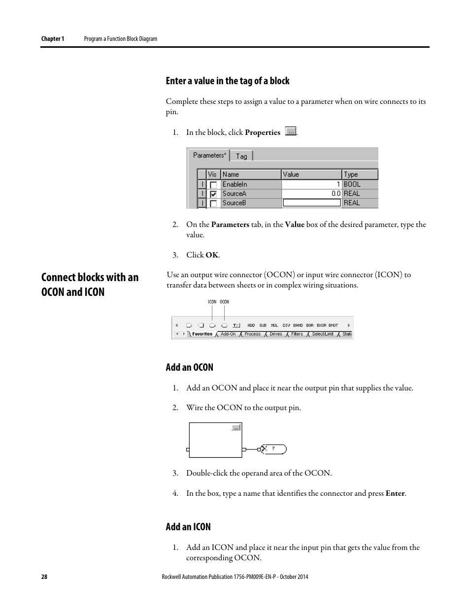 Connect blocks with an ocon and icon, Enter a value in the tag of a block, Add an ocon | Add an icon | Rockwell Automation Logix5000 Controllers Function Block Diagram Programming Manual User Manual | Page 28 / 33