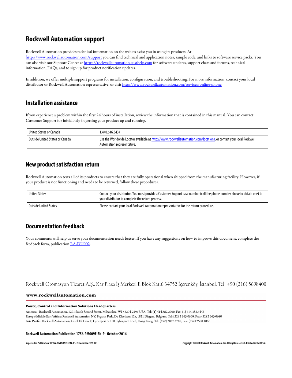 Back cover, Rockwell automation support, Installation assistance | New product satisfaction return, Documentation feedback | Rockwell Automation Logix5000 Controllers Function Block Diagram Programming Manual User Manual | Page 33 / 33
