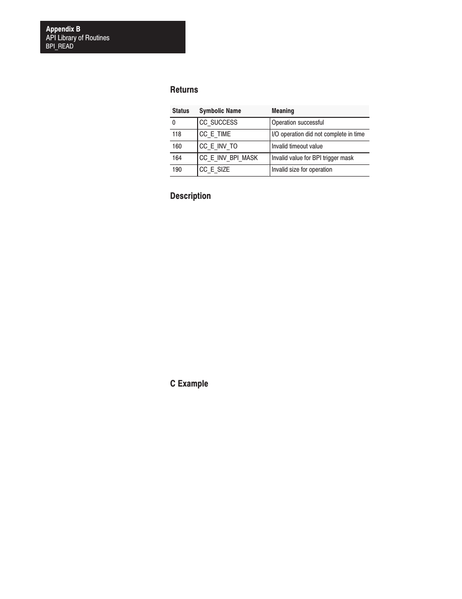 Returns, Description, C example | Rockwell Automation 1771-DMC_DMC1_DMC4_DXPS Control Coprocessor User Manual User Manual | Page 137 / 312