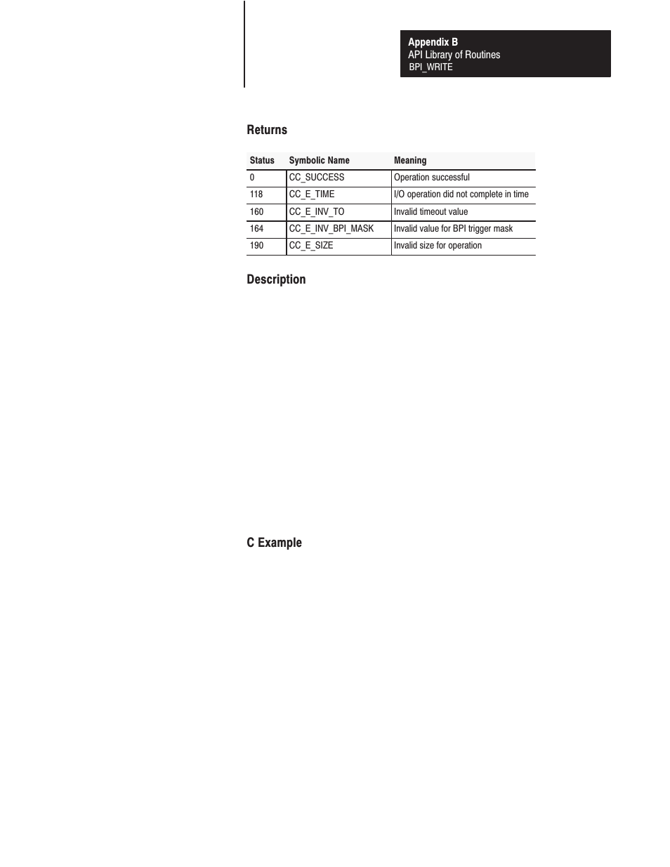 Returns, Description, C example | Rockwell Automation 1771-DMC_DMC1_DMC4_DXPS Control Coprocessor User Manual User Manual | Page 140 / 312