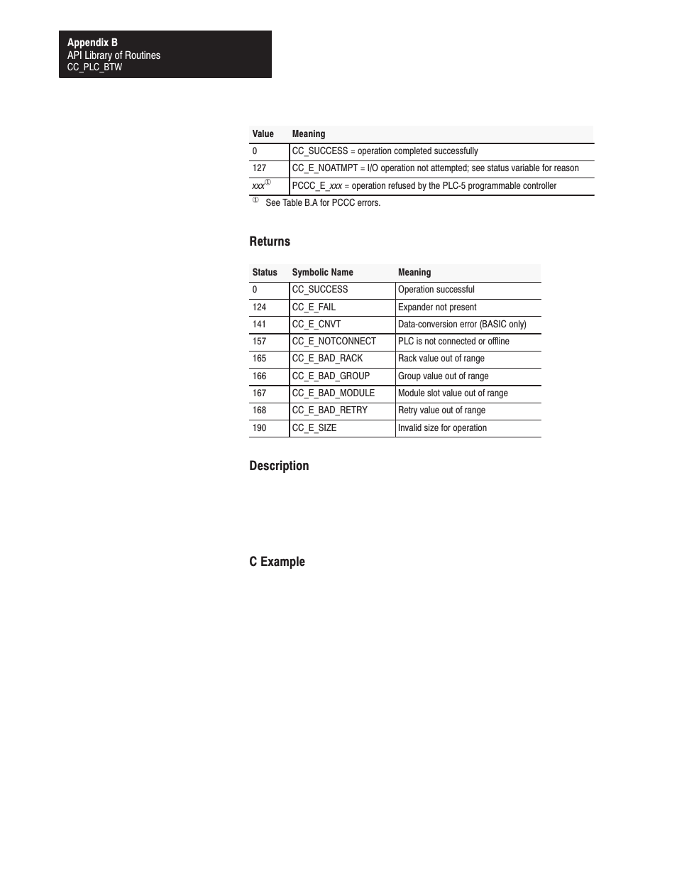 Returns, Description, C example | Rockwell Automation 1771-DMC_DMC1_DMC4_DXPS Control Coprocessor User Manual User Manual | Page 163 / 312