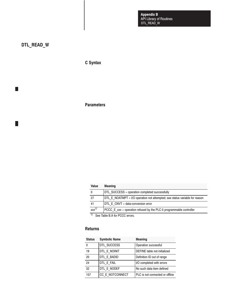 Dtl_read_w, C syntax, Parameters | Returns | Rockwell Automation 1771-DMC_DMC1_DMC4_DXPS Control Coprocessor User Manual User Manual | Page 196 / 312