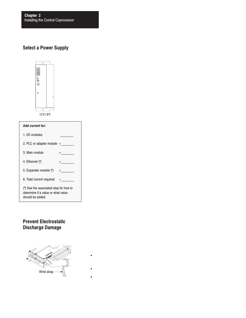 Select a power supply, Prevent electrostatic discharge damage | Rockwell Automation 1771-DMC_DMC1_DMC4_DXPS Control Coprocessor User Manual User Manual | Page 20 / 312