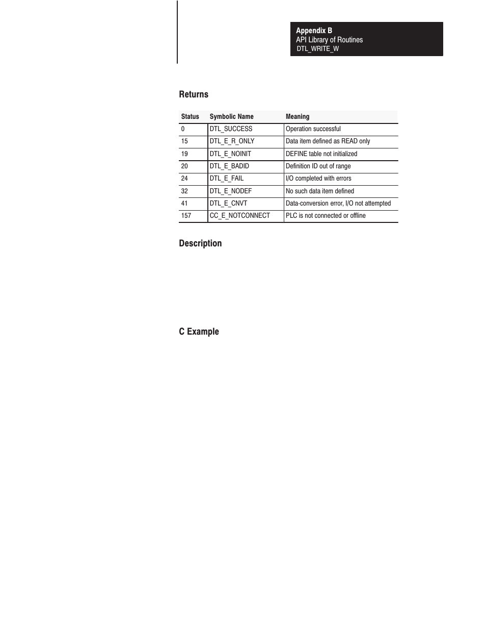 Returns, Description, C example | Rockwell Automation 1771-DMC_DMC1_DMC4_DXPS Control Coprocessor User Manual User Manual | Page 214 / 312