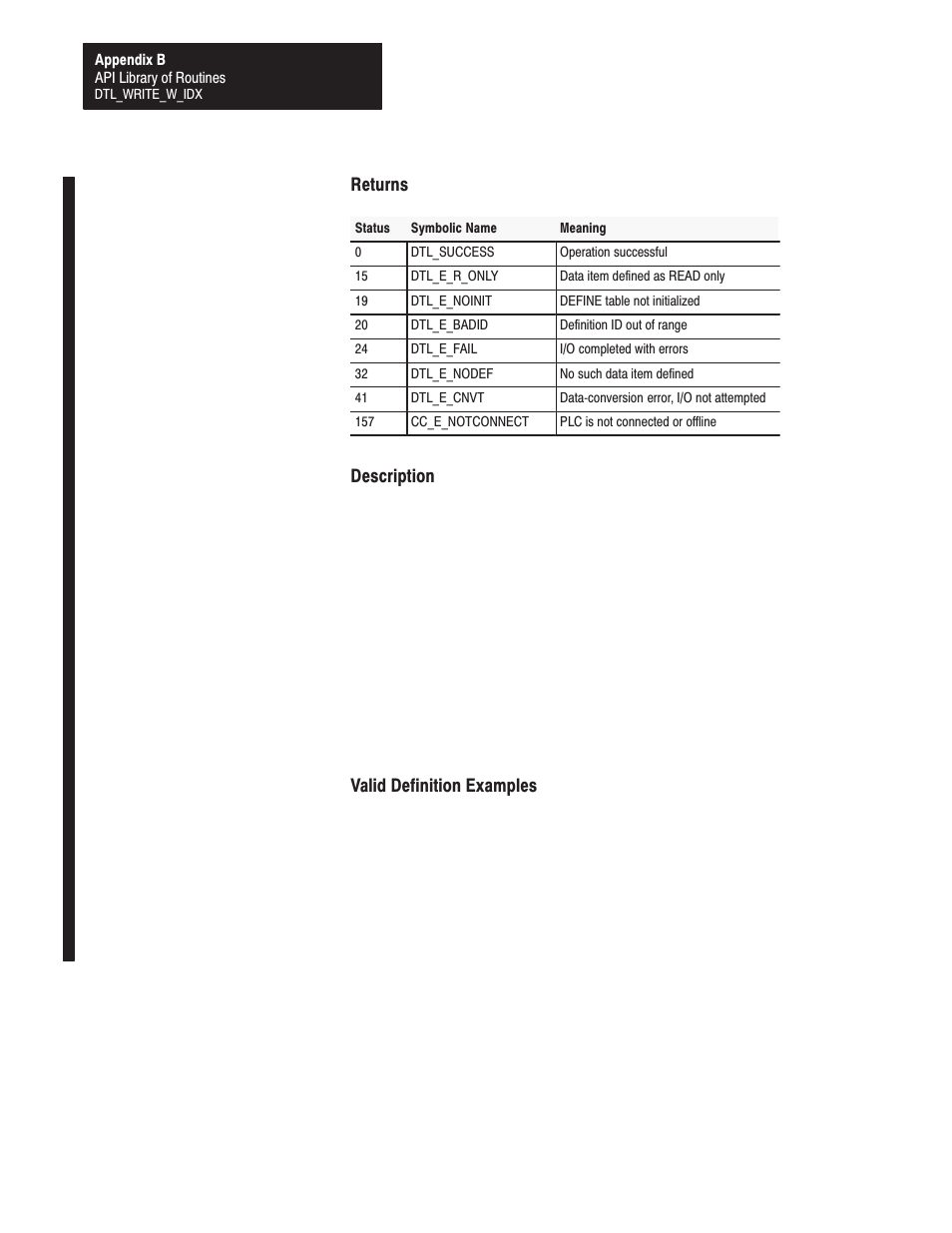 Returns, Description, Valid definition examples | Rockwell Automation 1771-DMC_DMC1_DMC4_DXPS Control Coprocessor User Manual User Manual | Page 217 / 312