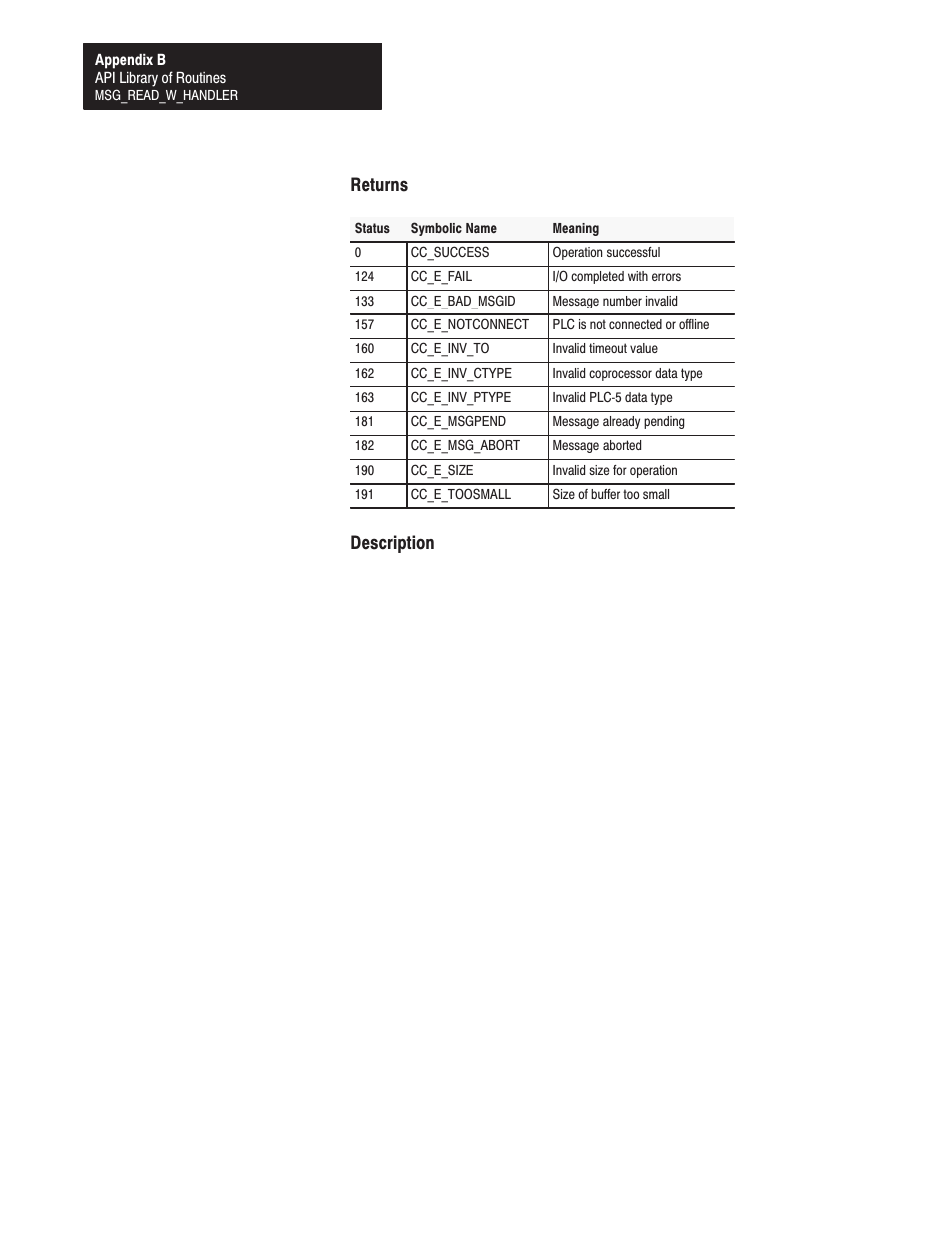 Returns, Description | Rockwell Automation 1771-DMC_DMC1_DMC4_DXPS Control Coprocessor User Manual User Manual | Page 227 / 312