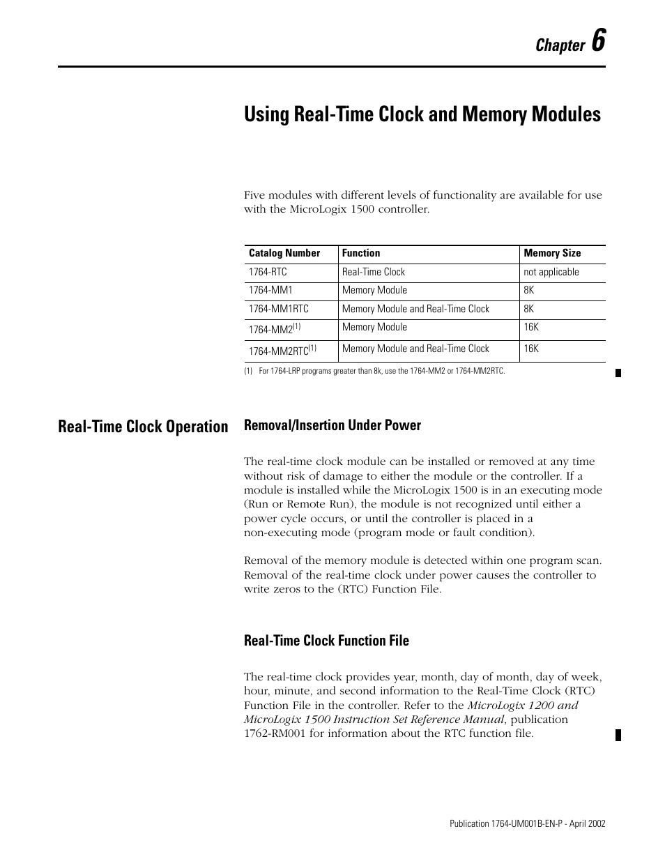 6 - using real-time clock and memory modules, Real-time clock operation, Chapter 6 | Using real-time clock and memory modules, Real-time clock operation -1, Chapter, Removal/insertion under power, Real-time clock function file | Rockwell Automation 1764-xxxx MICROLOGIX 1500 PROGRAMMABLE CONTROLLERS User Manual | Page 103 / 174