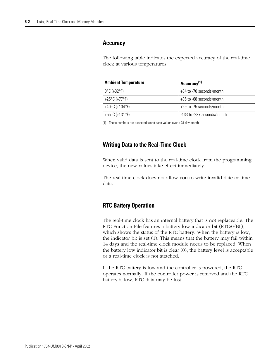 Accuracy, Writing data to the real-time clock, Rtc battery operation | Rockwell Automation 1764-xxxx MICROLOGIX 1500 PROGRAMMABLE CONTROLLERS User Manual | Page 104 / 174