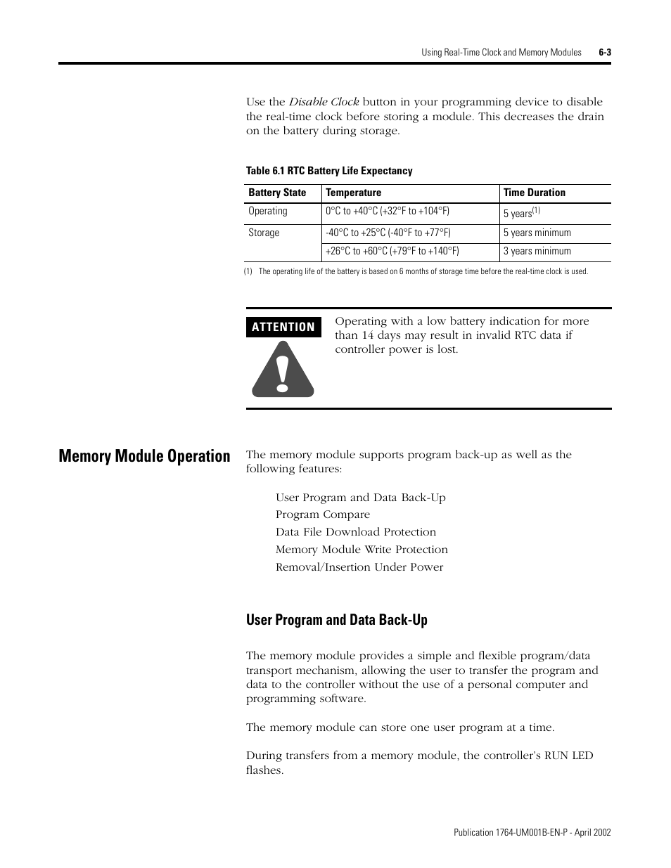 Memory module operation, Memory module operation -3, User program and data back-up -3 | Rockwell Automation 1764-xxxx MICROLOGIX 1500 PROGRAMMABLE CONTROLLERS User Manual | Page 105 / 174
