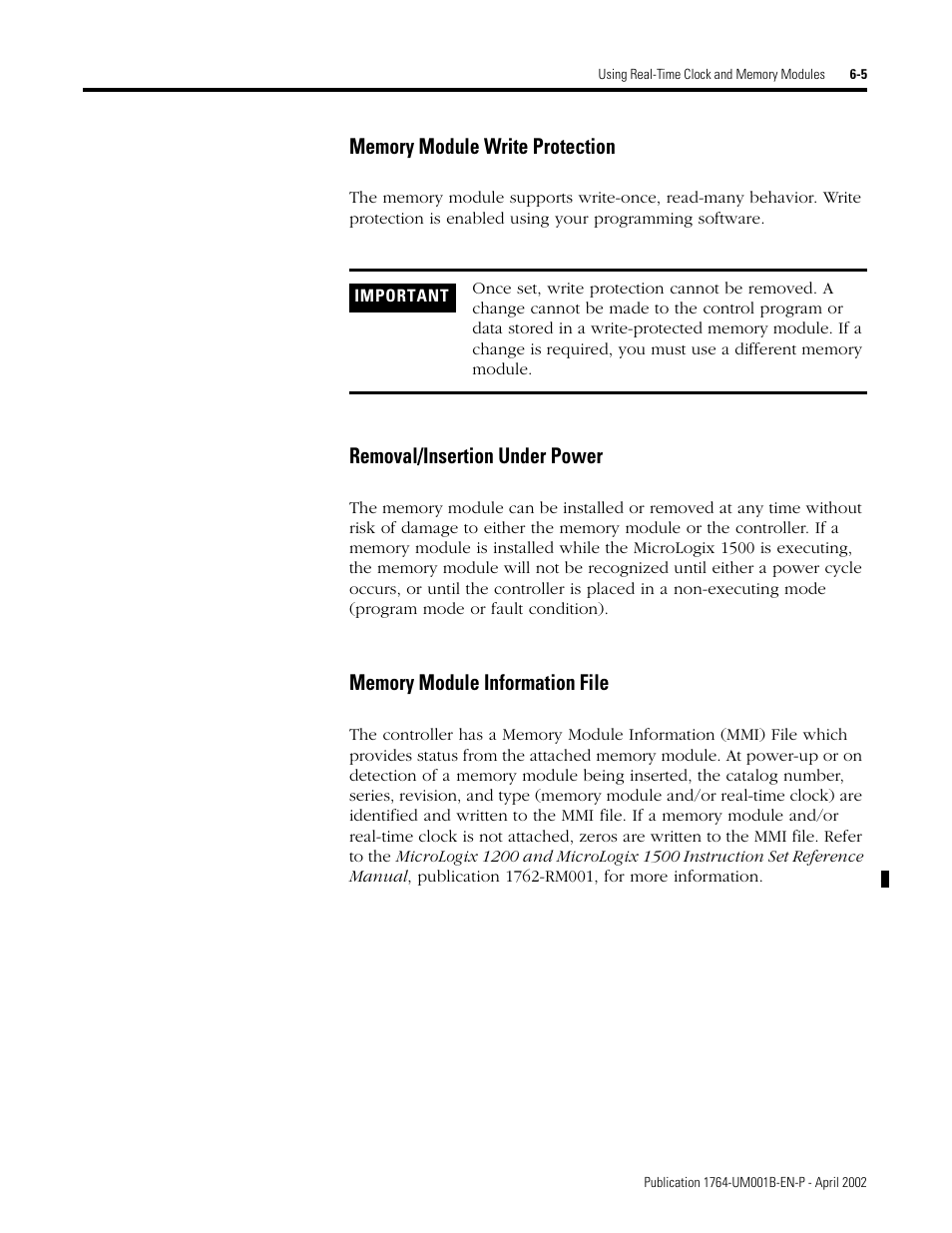 Memory module write protection, Removal/insertion under power | Rockwell Automation 1764-xxxx MICROLOGIX 1500 PROGRAMMABLE CONTROLLERS User Manual | Page 107 / 174