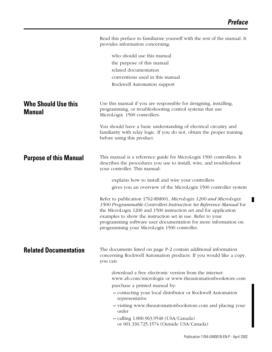 Preface, Who should use this manual, Purpose of this manual | Related documentation | Rockwell Automation 1764-xxxx MICROLOGIX 1500 PROGRAMMABLE CONTROLLERS User Manual | Page 11 / 174