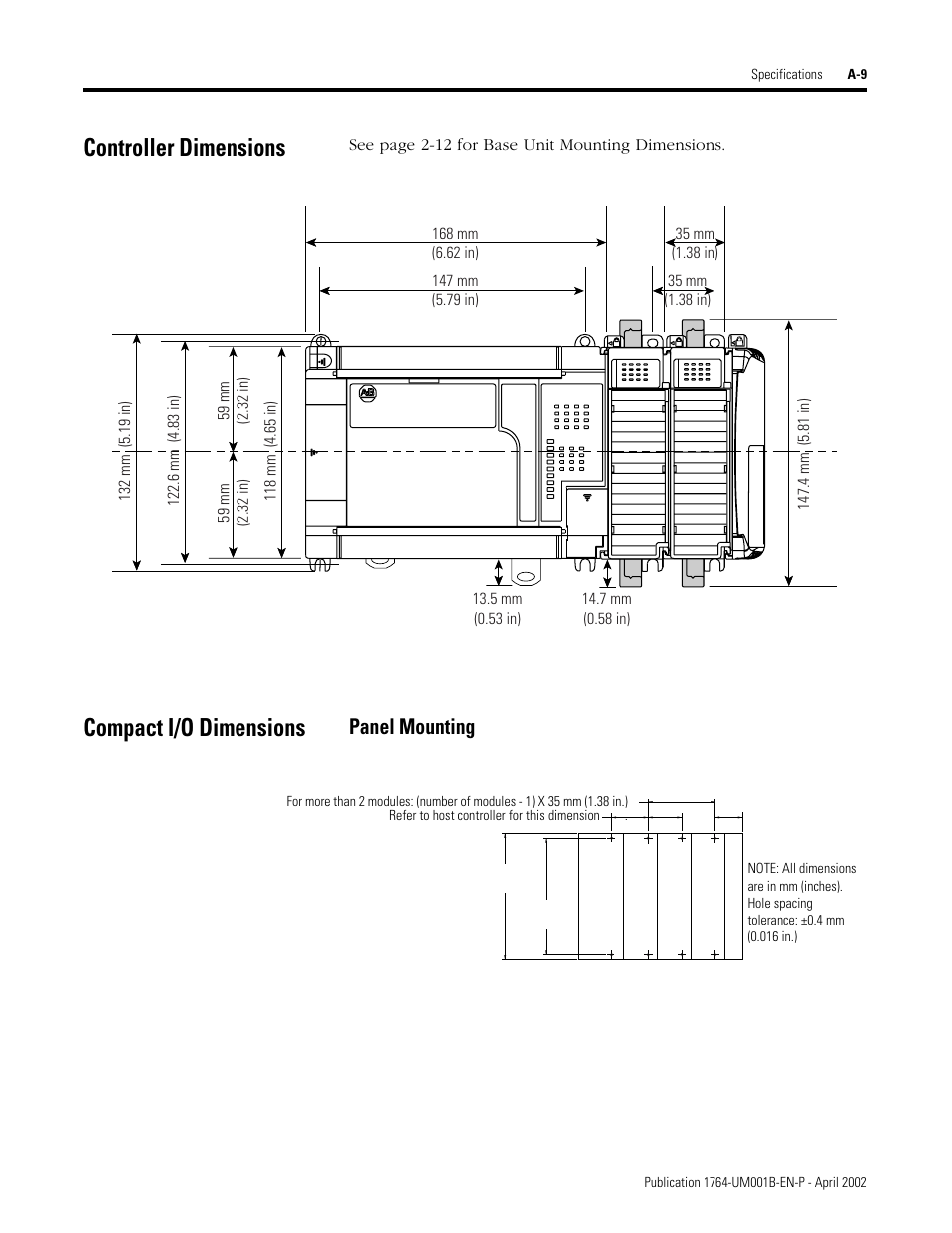 Controller dimensions, Compact i/o dimensions, Panel mounting | Rockwell Automation 1764-xxxx MICROLOGIX 1500 PROGRAMMABLE CONTROLLERS User Manual | Page 117 / 174