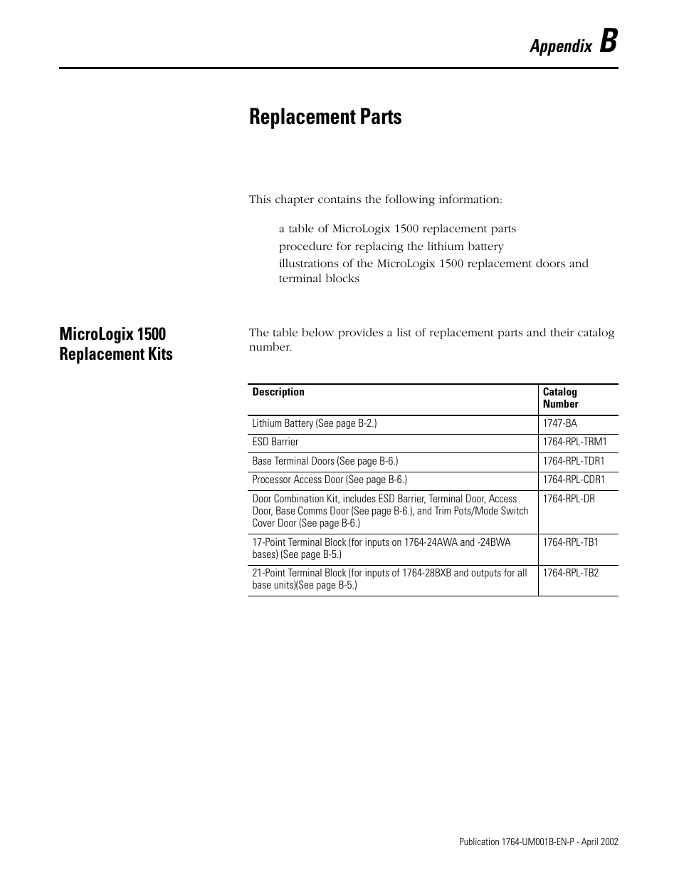 B - replacement parts, Micrologix 1500 replacement kits, Appendix b | Replacement parts, Appendix | Rockwell Automation 1764-xxxx MICROLOGIX 1500 PROGRAMMABLE CONTROLLERS User Manual | Page 119 / 174