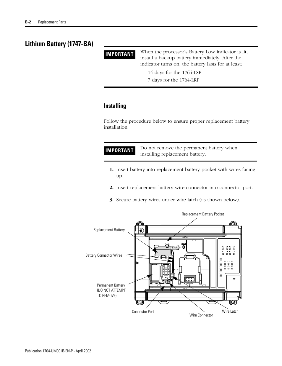 Lithium battery (1747-ba), Installing | Rockwell Automation 1764-xxxx MICROLOGIX 1500 PROGRAMMABLE CONTROLLERS User Manual | Page 120 / 174